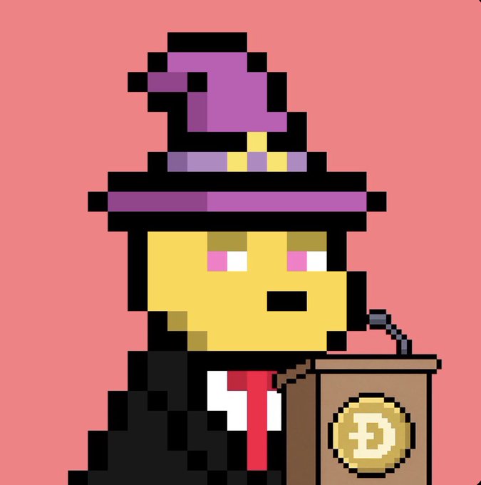 A pixel art character with a yellow face, purple top hat, and black robe stands at a podium displaying a Dogecoin (D) logo.