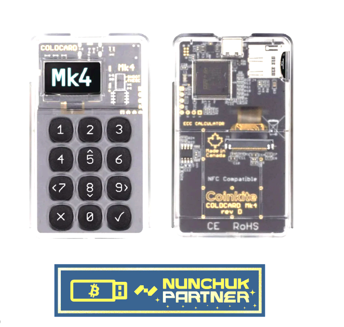 A product image showing the front and back of a Coinkite COLDCARD Mk4 hardware wallet with a numeric keypad and display, along with a 'Nunchuk Partner' logo at the bottom.