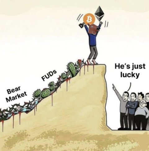 A meme illustration showing a crypto trader standing triumphantly on a cliff edge holding Bitcoin and Ethereum logos above his head, with a 'FUDs' (thorny vines) labeled 'Bear Market' path behind him, while a crowd of onlookers below remarks 'He's just lucky.'