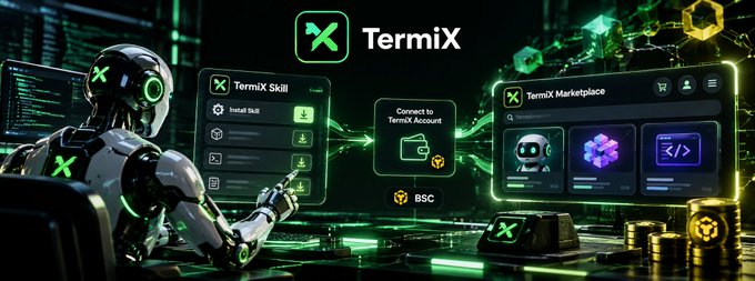 A futuristic promotional image for 'TermiX' featuring a robotic figure interacting with glowing interface screens for TermiX Skill and TermiX Marketplace, connected to a TermiX AI Account via BSC.