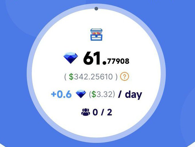 The image displays a dashboard widget showing a balance of 61.77908 diamonds (worth $342.25610), earning a daily rate of +0.6 diamonds ($3.32) per day, with 0 of 2 referrals claimed. This relates to the "RUBI" platform referenced in the post, likely showing potential users their current earnings and growth stats to encourage them to continue buying or holding the token.