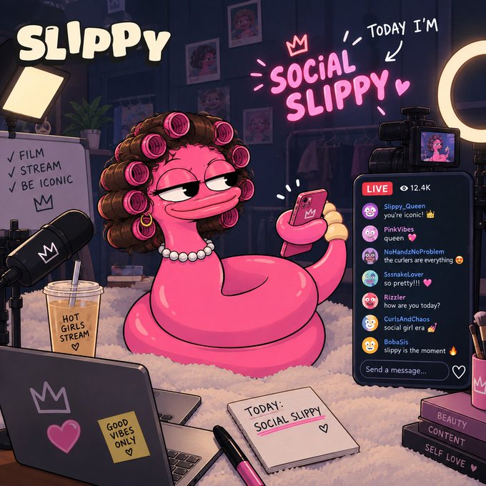 A cartoon image of a pink worm character named 'SLIPPY' with hair curlers, holding a phone, with text 'TODAY I'M SOCIAL SLIPPY' and a live chat showing '12.4K' viewers with messages like 'Slippy_Queen you're iconic!'.
