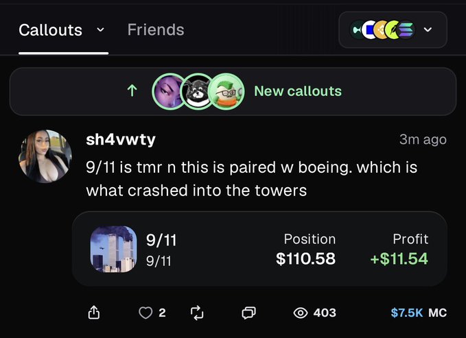 The image shows a trading platform screenshot where user "sh4vwty" posted a callout for "9/11" (the date, referencing the Twin Towers attack), connecting it to Boeing ("boeing. which is what crashed into the towers") with a current position of $110.58 and a profit of +$11.54, drawing outrage given the deeply offensive trivialization of the September 11th tragedy for trading purposes.