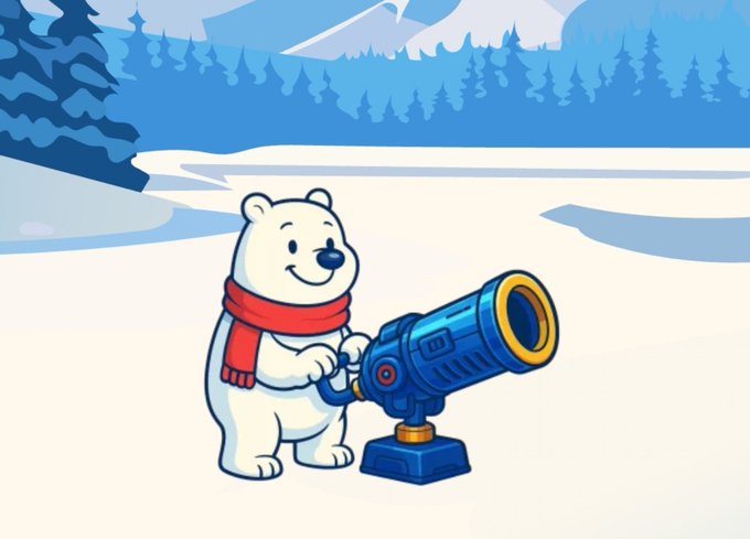 A cartoon illustration of a cute polar bear wearing a red scarf operating a blue telescope in a snowy winter landscape with pine trees and mountains.