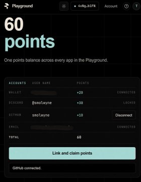 The image shows a Playground dashboard displaying a "60 points" balance across multiple connected accounts—including a wallet, Discord (@smolwayne, +30), and GitHub (smolwyne, +10)—with a "Link and claim points" button, which aligns with the post's promotion of claiming Rialo retroactive points through linked accounts.