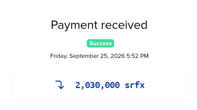 A digital payment confirmation screen showing a successful transaction of 2,030,000 srfx on Friday, September 25, 2026 at 5:52 PM.
