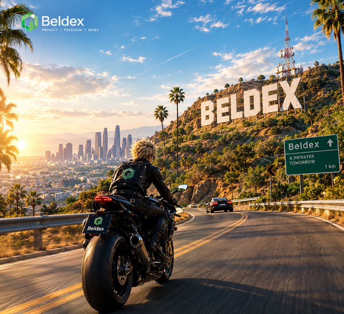 A promotional image for 'Beldex' showing a person riding a motorcycle on a winding road toward the Hollywood-style 'BELDEX' sign, with the tagline 'A PRIVATEER TOMORROW 1 km' and 'PRIVACY | FREEDOM | WEB3'.