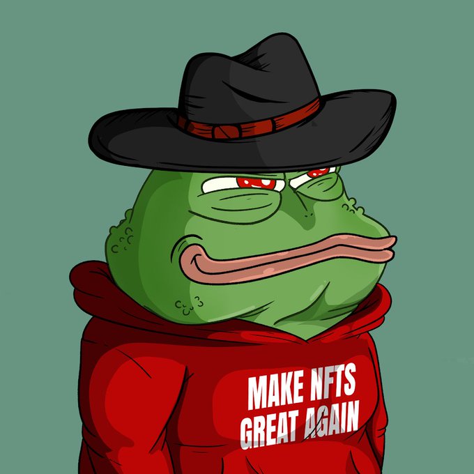 A Pepe the Frog cartoon character wearing a black cowboy hat and a red hoodie reading "MAKE NFTS GREAT AGAIN," visually riffing on the post's slogan about reviving NFTs.