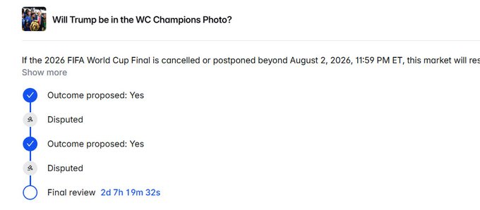 Polymarket prediction page asking "Will Trump be in the WC Champions Photo?" about the 2026 FIFA World Cup Final, showing disputed "Yes" outcome proposals under final review.