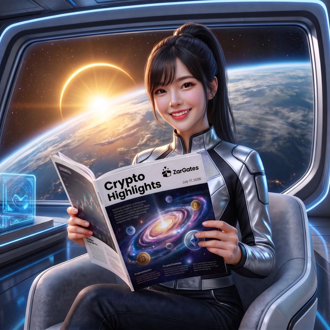 A smiling woman in a futuristic silver suit sits inside a spaceship cockpit, reading a magazine titled "ZarGates Crypto Highlights" dated July 17, 2026, with Earth and a solar eclipse visible through the window behind her—visually complementing the post's forward-looking crypto market update featuring Bitcoin near $62,900–$63,800 and Ethereum around $1,870–$1,920.