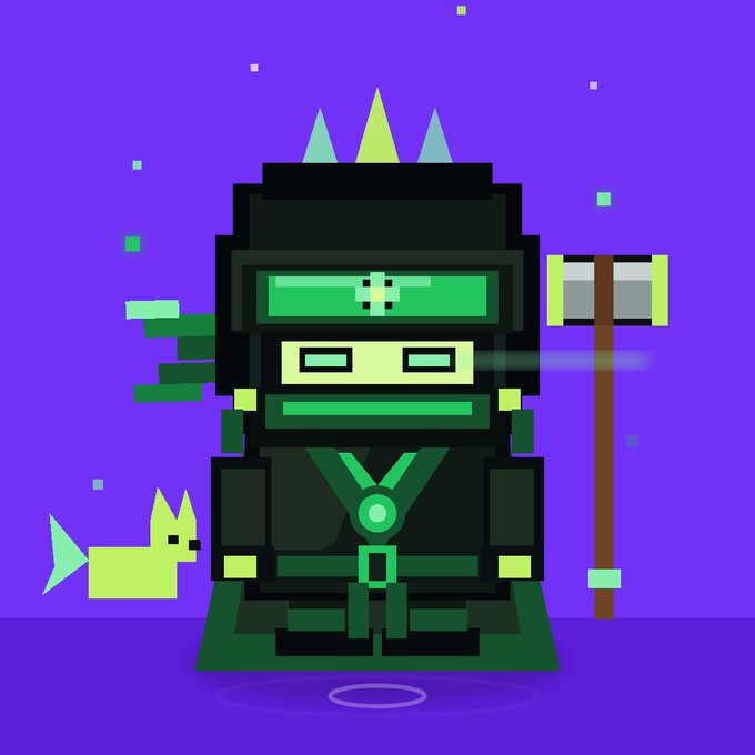A pixel art illustration features a green ninja character in black armor with a glowing forehead emblem, holding a hammer, accompanied by a small yellow dog on a purple background scattered with pixel particles.