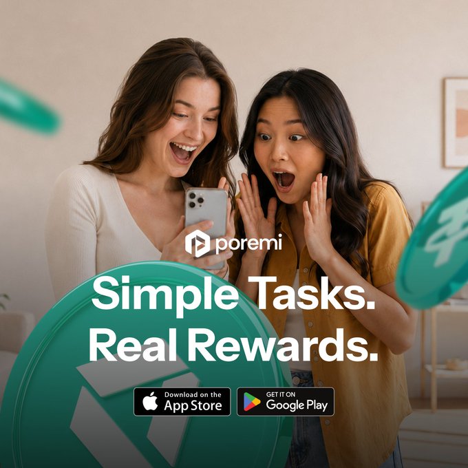 Two women excitedly look at a smartphone displaying the poremi app, surrounded by floating coin graphics, with the tagline "Simple Tasks. Real Rewards." and download buttons for the App Store and Google Play below. The image visually reinforces the post's message by showing users happily engaged with the poremi platform, which promises daily USDT earnings and instant withdrawals starting from just $3.