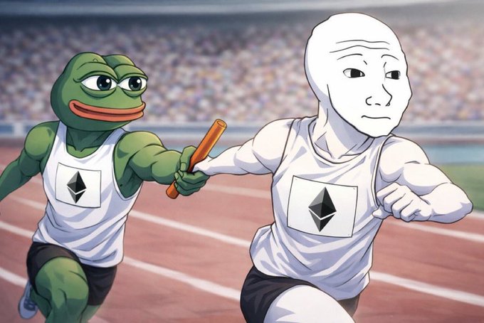 The image features two cartoon characters, a white man with a beard holding an orange baton and another character wearing a green tank top running beside him. The caption of the image reads "it's our turn. it's time to carry the squad to victory." This suggests that they are participating in a race or competition together as a team.