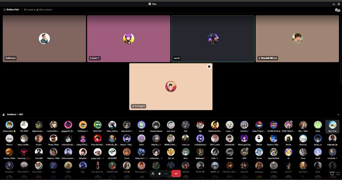 The image shows a Discord-style virtual meeting interface displaying multiple participants in grid format, with names visible including "ZulRevo.io," "Leben," "Krish," "Danielle De Le," and "ZacMajor." It relates to the Rialo Builders Hub online gathering mentioned in the post, capturing the collaborative web3 builder community event where projects like the GameFi initiative by @nxrskyaa were discussed.