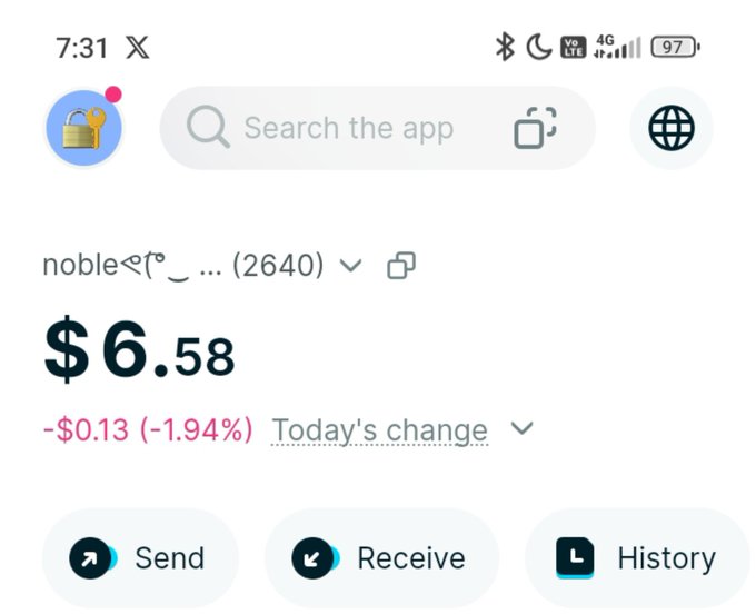 A mobile wallet app screenshot showing a balance of $6.58 in an account named 'noble°(°_°... (2640)', down $0.13 (-1.94%) today, with Send, Receive, and History buttons.
