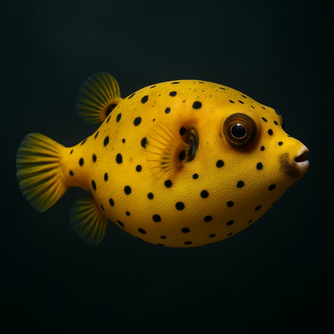 The image features a yellow fish with black spots, swimming through water against a dark background. The fish has a small hole near its eye, giving it an unusual appearance. The caption of the image reads "Free mint WL now open 1,000 spots only. Apply Now → fathoms-site.vercel.app/#apply #NFT #FreeMint #WLnow #NFTdrop #ETH". This post seems to be related to a discussion about fish and their unique characteristics or the process of opening a fish's eye.