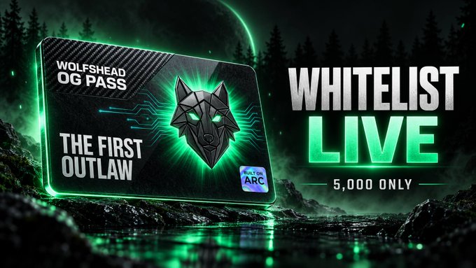 The image promotes the Wolfshead OG Pass NFT whitelist, featuring a stylized geometric wolf emblem on a dark card labeled "WOLFSHEAD OG PASS" and "THE FIRST OUTLAW," alongside bold "WHITELIST LIVE" text and a "5,000 ONLY" limit, reinforcing the post's call to secure a limited spot before Arc Chain mainnet launch.