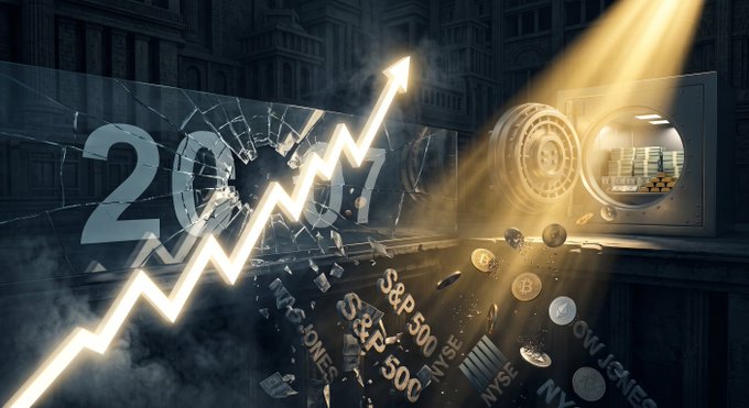 A financial-themed image showing a cracked '2021' shattered by an upward-pointing arrow, with gold coins and S&P 500 references spilling from a safe against a cityscape background.