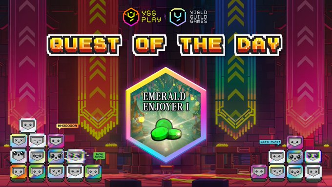 This image announces the "Quest of the Day: Emerald Enjoyer I" sponsored by YGG Play, featuring colorful pixel art and the YGG Play and Yield Guild Games logos. The quest requires players to enroll on the YGG Play Launchpad and purchase a Small Emerald bundle in the game @RagnarokBreaker.