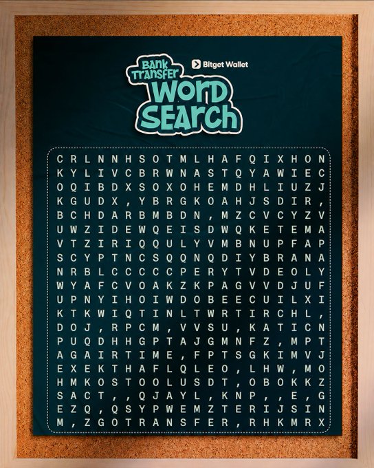 A 'Bank Transfer Word Search' puzzle from Bitget Wallet displayed on a chalkboard with a letter grid for finding hidden words.