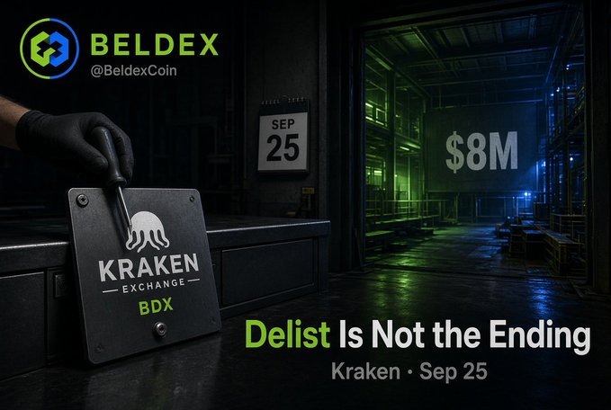 A promotional graphic for 'BELDEX' (@BeldexCoin) features a gloved hand removing a 'KRAKEN EXCHANGE BDX' tag, with text reading 'Delist Is Not the Ending - Kraken · Sep 25' and '$8M' displayed in the background.