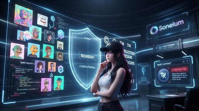A digital artwork showing a young woman in a black cap standing in front of futuristic screens displaying NFT collections, code, and references to Sonelium, creative freedom, and intellectual property.