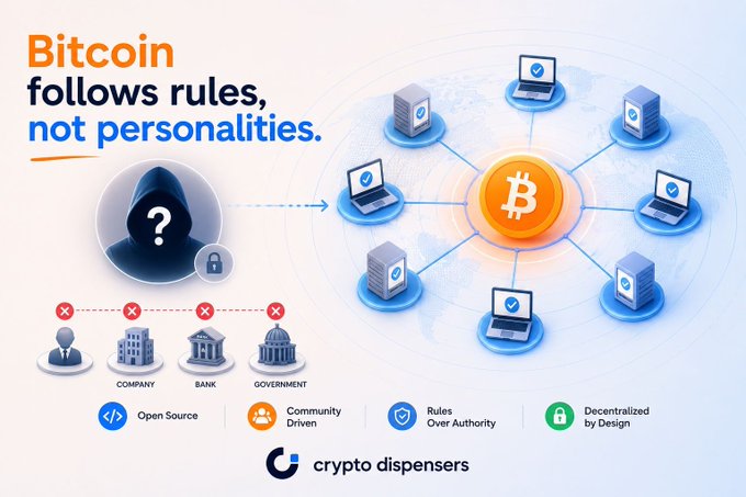 An infographic titled 'Bitcoin follows rules, not personalities' by crypto dispensers, illustrating Bitcoin's decentralized network with a hooded figure representing anonymity and icons showing no control from companies, banks, or government, emphasizing open source, community driven, rules over authority, and decentralized by design.