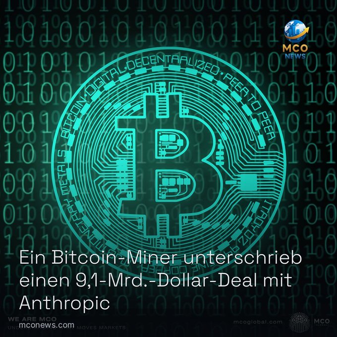 A stylized Bitcoin graphic with the text "Ein Bitcoin-Miner unterschrieb einen 9,1-Mrd.-Dollar-Deal mit Anthropic" (German for "A Bitcoin Miner signed a $9.1 Billion Deal with Anthropic"), accompanying news about Riot Platforms' $9.1 billion data center agreement with Anthropic that boosted the stock 25% in after-hours trading.