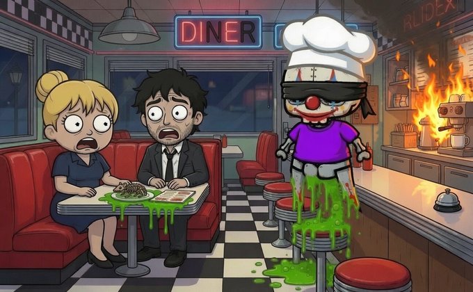 A cartoon-style illustration of a chaotic diner scene with a "DINER" neon sign, where two terrified customers sit at a booth with green slime while a chef in a chef's hat stands nearby with a fire blazing in the kitchen.