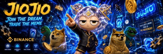 A promotional banner for the "JIOJIO" meme coin on Binance featuring an anime-style chibi character in black attire surrounded by Doge mascots, lightning effects, and a cityscape, with text reading "JOIN THE DREAM TRADE THE MEME" and "THIS IS NOT A MEME THIS IS THE MOVEMENT," celebrating JIOJIO's listing on the Binance exchange.