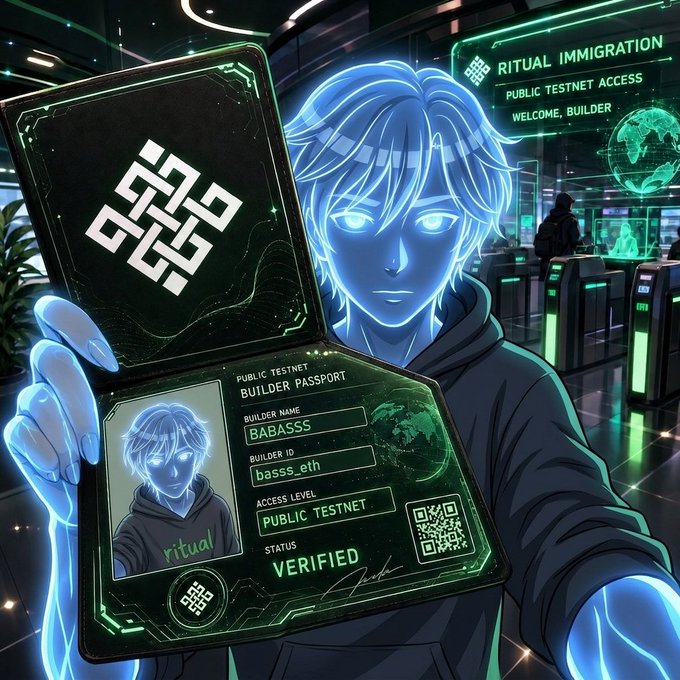 Digital anime-style artwork of a glowing blue character holding a 'RITUAL IMMIGRATION / PUBLIC TESTNET ACCESS' Builder Passport card with the builder name 'BABASSS' and status 'VERIFIED'.