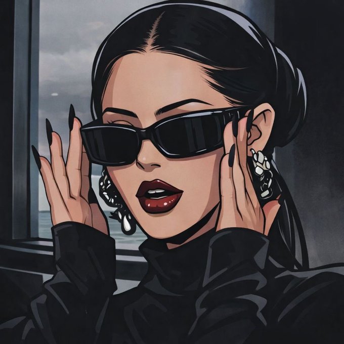 A stylized illustration depicts a woman with slicked-back black hair, dark sunglasses, dark lipstick, and large silver earrings, holding her hands up to her face while wearing long black nails and a black outfit.