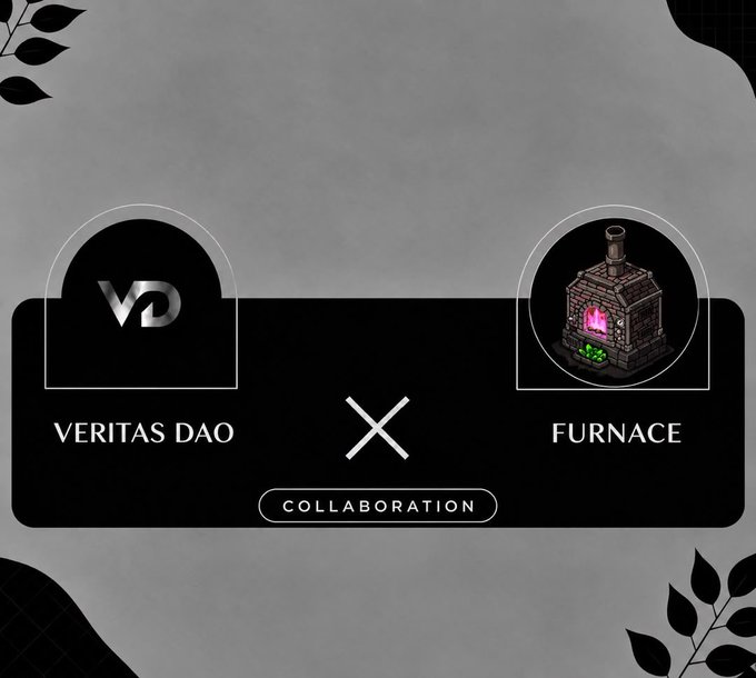 A dark, stylized graphic announces a "VERITAS DAO" x "FURNACE" collaboration, featuring the Veritas DAO logo with a "VD" monogram on the left and an illustration of a stone furnace with a pink crystal and green flames on the right, set against a gray background with leaf motifs and a central "COLLABORATION" label, visually confirming the partnership mentioned in the accompanying post about their 3,232 supply collaboration on Robinhood Chain.