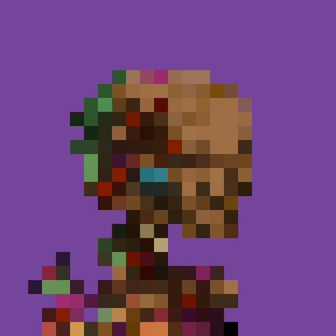 A pixel art rendering of a bust, appearing to be a zombie-like figure, composed of brown, green, and pink blocks against a purple background.