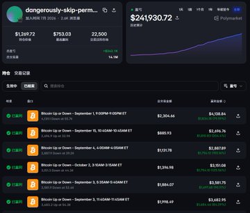 A cryptocurrency trading interface showing a portfolio value of $24,1930.72 and a list of Bitcoin perpetual contract positions showing gains.
