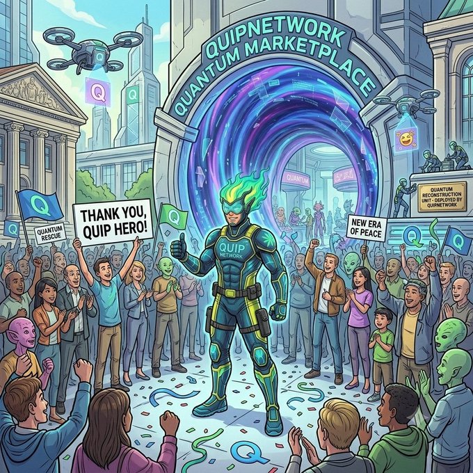 A cartoon illustration shows a green-haired superhero labeled "QUIP NETWORK" standing in front of a "QUANTUM MARKETPLACE" archway, while a diverse crowd cheers and holds signs reading "THANK YOU, QUIP HERO!" and "NEW ERA OF PEACE".