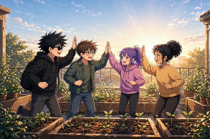 An anime-style illustration of four young people giving each other high-fives while standing in a rooftop garden with raised planter boxes full of seedlings.