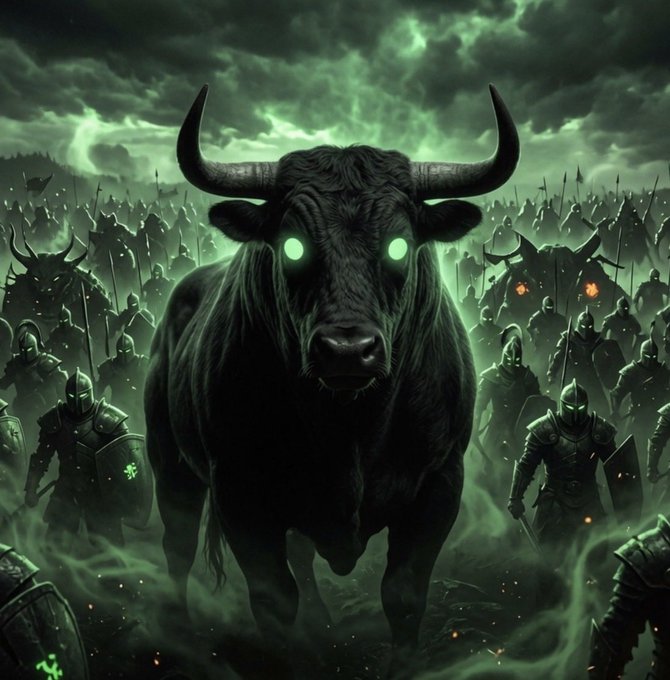 A giant, shadowy black bull with glowing green eyes charges forward at the head of a massive, armored army beneath a stormy green sky, evoking the bullish crypto sentiment referenced in the post about $ansem. The bullish imagery mirrors the post's defiant stance against bearish doubters and its prediction of millionaire-making gains.