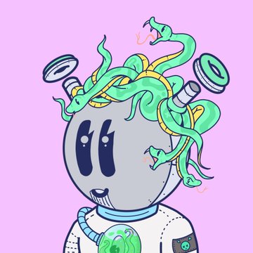 A colorful cartoon illustration of a robot-like character with a Medusa-inspired head featuring green snakes instead of hair, a small golden crown, and green chest details against a pink background.