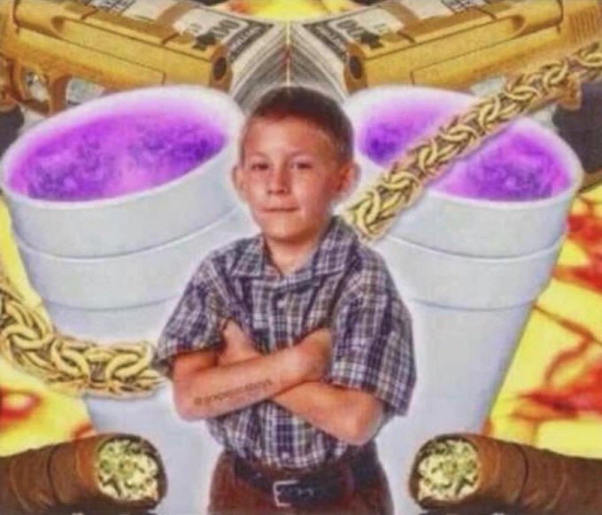 A heavily edited meme image featuring a young boy with crossed arms standing in front of white cups filled with purple liquid, with stacks of money and gold chains in the background.