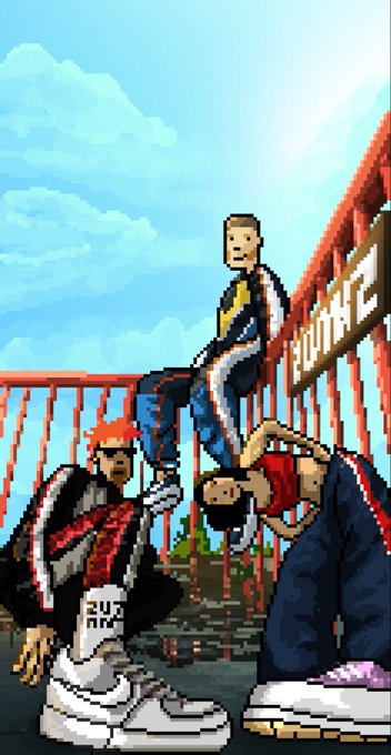 A pixel art scene featuring stylized characters, one in a yellow jacket and others crouching near a red structure with partial text "BOOTC".