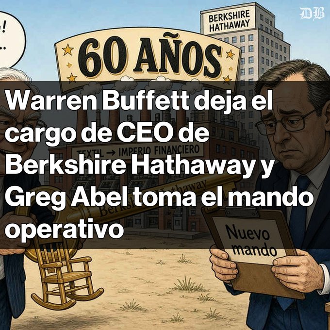 An illustrated graphic shows two older men, one holding a rocking chair, with the headline 'Warren Buffett deja el cargo de CEO de Berkshire Hathaway y Greg Abel toma el mando operativo'.