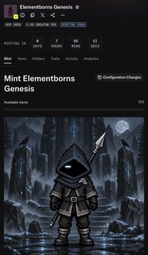 An Elementborns Genesis NFT page (created May 2026) showing Mint stats with 36 minted and 11 listed, featuring a hooded character holding a spear.