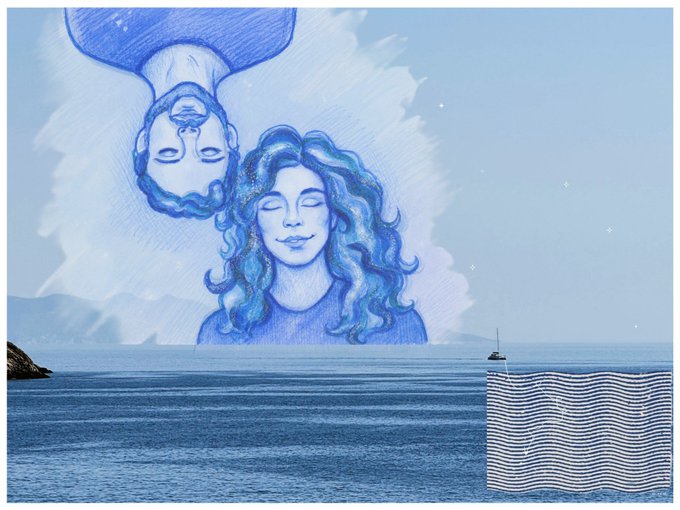 A blue-toned illustration shows two faces with flowing hair overlaid on a photograph of a calm ocean with a small boat and a striped graphic element.