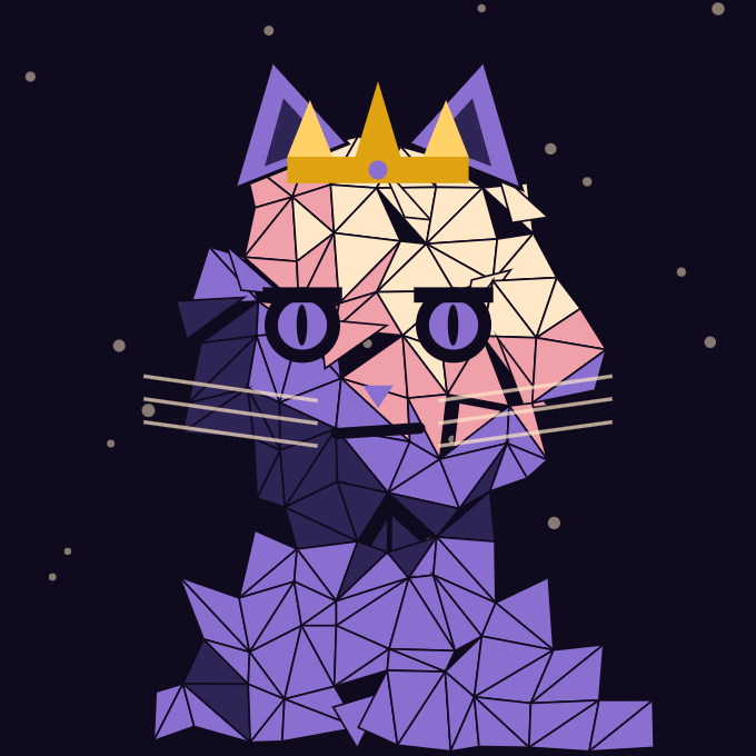 A geometric, polygonal portrait of a regal purple cat wearing a golden crown, rendered in a stained-glass style against a starry night background, reflecting the NFT collection's theme of unique, artist-crafted digital citizens in a collapsed civilization.