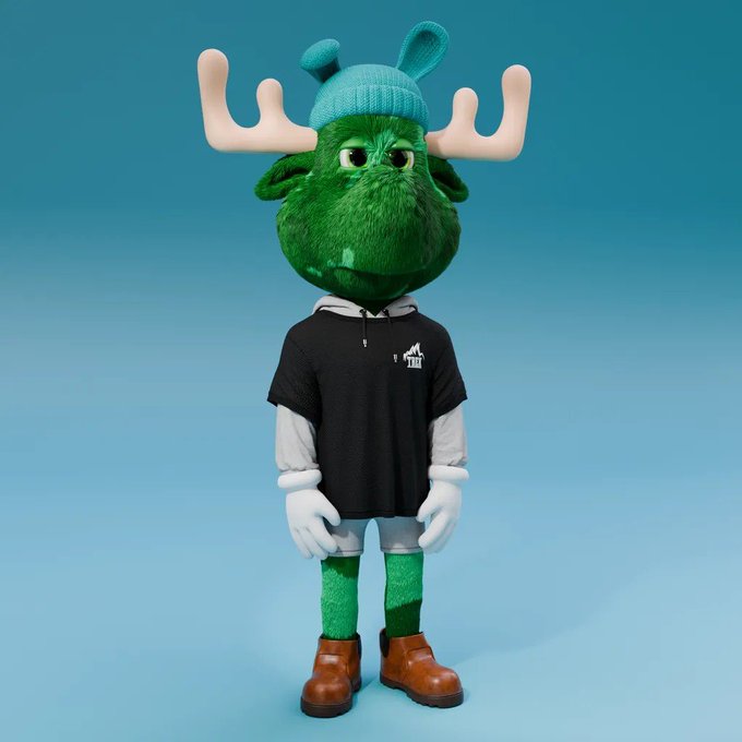 A 3D-rendered character featuring a green furry moose-like head wearing a blue beanie, dressed in a black hoodie, white gloves, green leggings, and brown boots, set against a teal background.