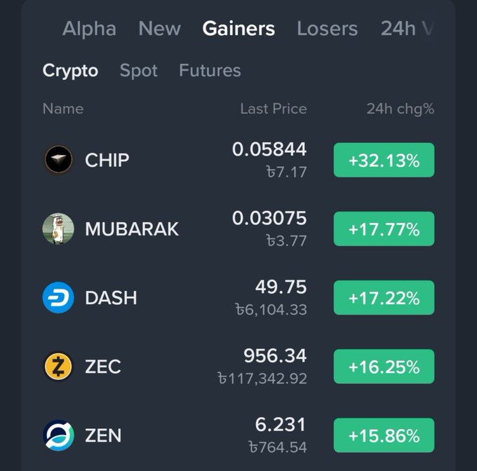 A cryptocurrency app interface displays the 'Gainers' tab, showing top performers including CHIP (+32.13%), MUBARAK (+17.77%), DASH (+17.22%), ZEC (+16.25%), and ZEN (+15.86%).