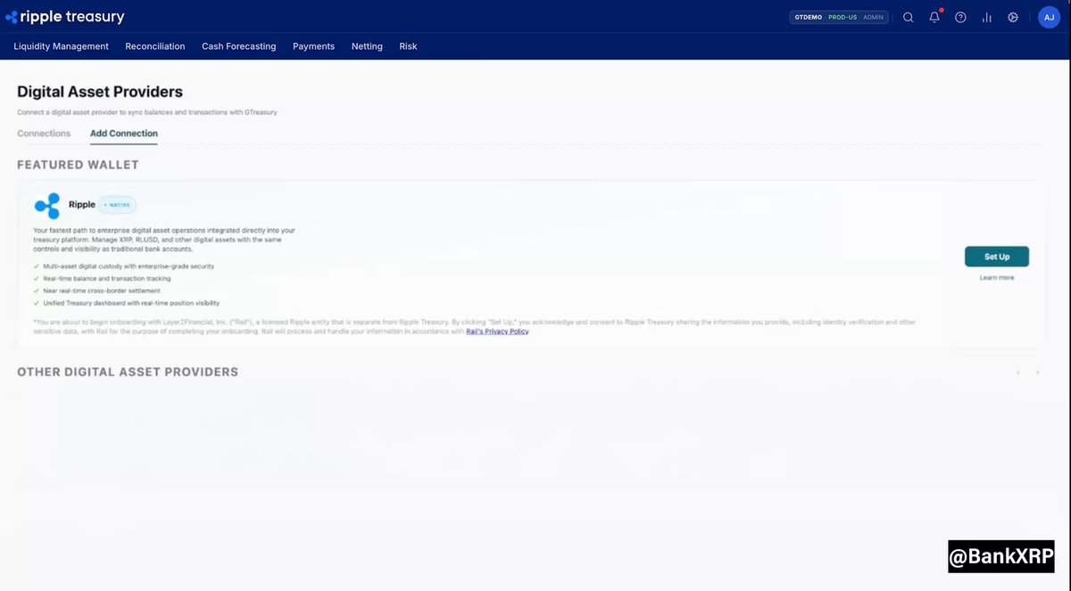 The image shows a screenshot of a website called Ripple Treasury, which features a blue header with white text at the top displaying an advertisement for Ripple Treasure Providers. This advertisement promotes the service of managing digital asset providers and their wallet, as well as the use of tokens in this platform. The background is a grayish color and includes a watermark of Bank XRP.