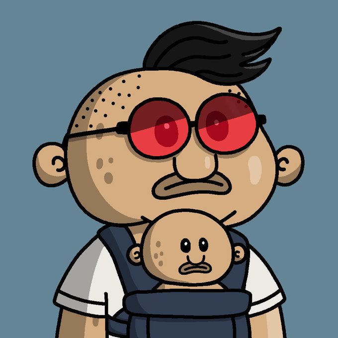 A cartoon illustration of a man with slicked-back hair, red sunglasses, and a mustache, carrying a baby in a front baby carrier.