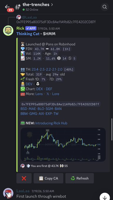 A Discord screenshot from "the-trenches" channel shows user Rick posting an alert about a token called "Thinking Cat" (SHMM) launched on Robinhood via @LaaLaa, displaying key metrics including 43.7K market cap, 114K volume, and a price chart, celebrating the user as "first @ 43.7K."